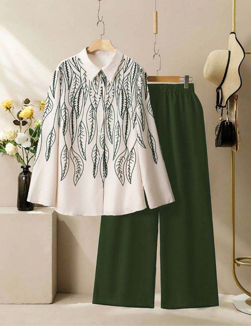 Leaf Pattern Co-Ord Set - Olive