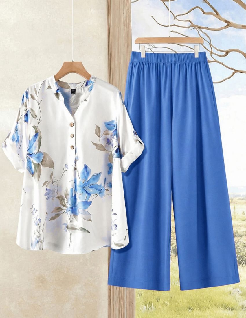 Sky Blue Flower Printed Top with Palazzo Set