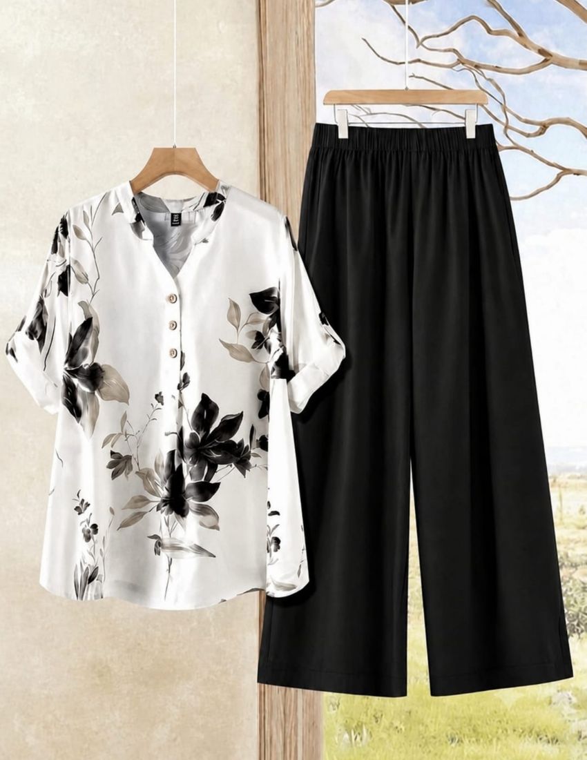 Black Flower Printed Top with Palazzo Set