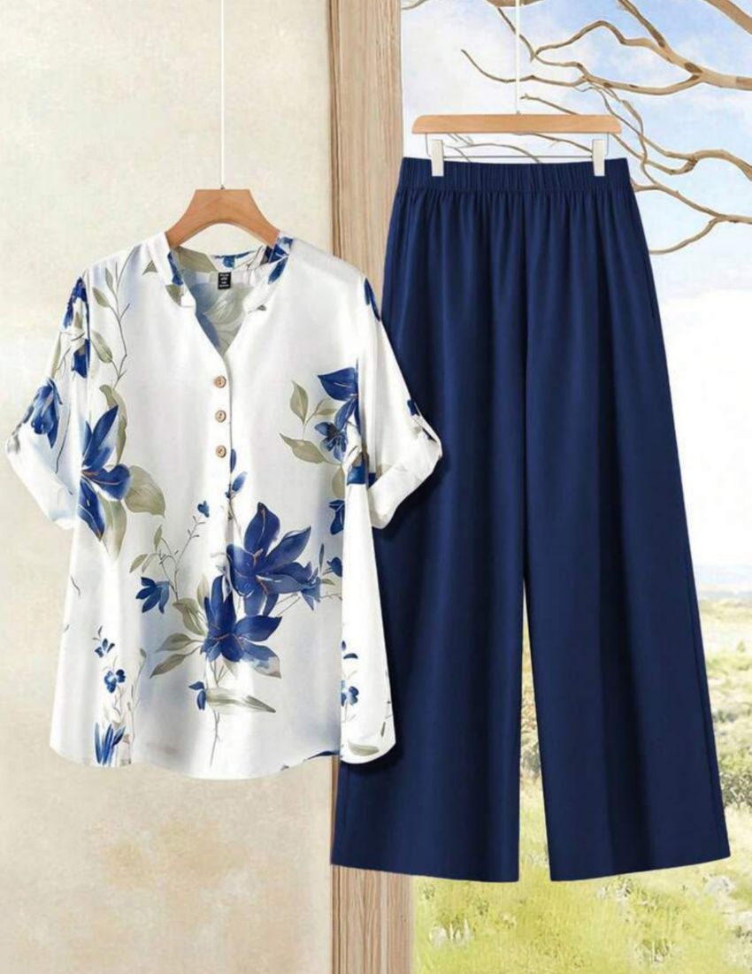 Blue Flower Printed Top with Palazzo Set