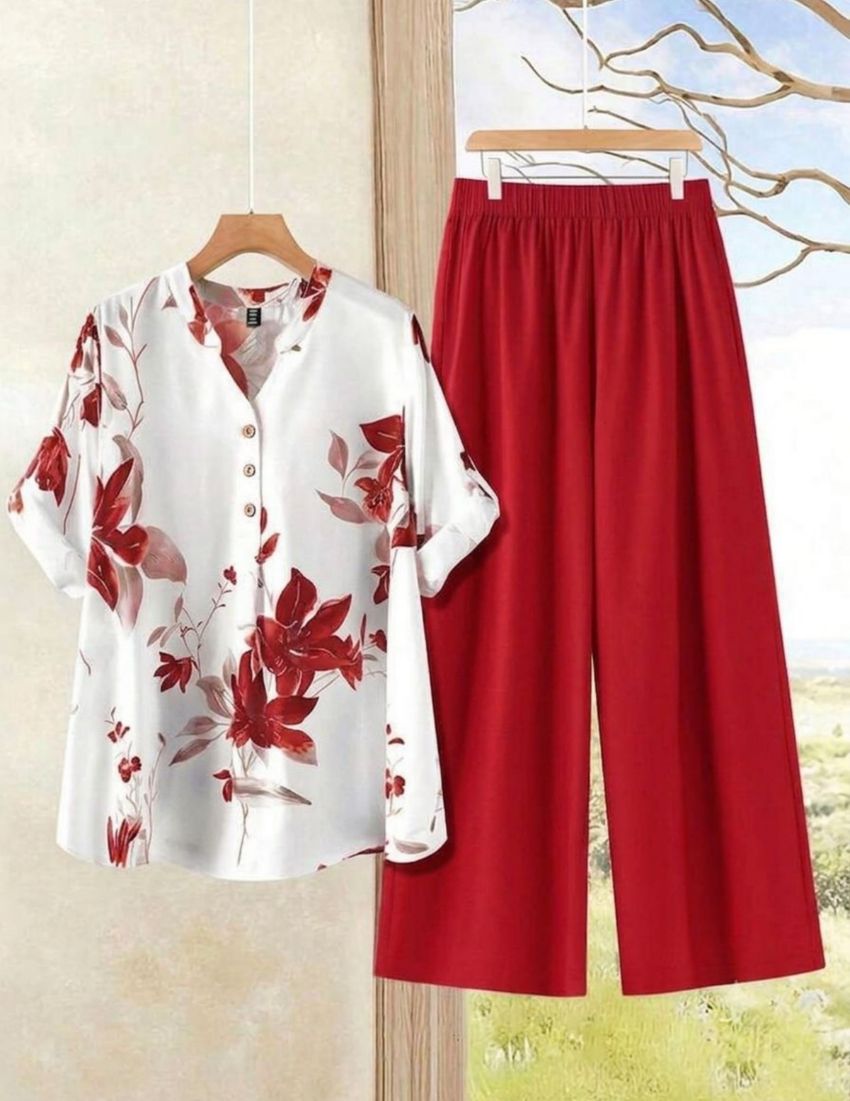 Red Flower Printed Top with Palazzo Set