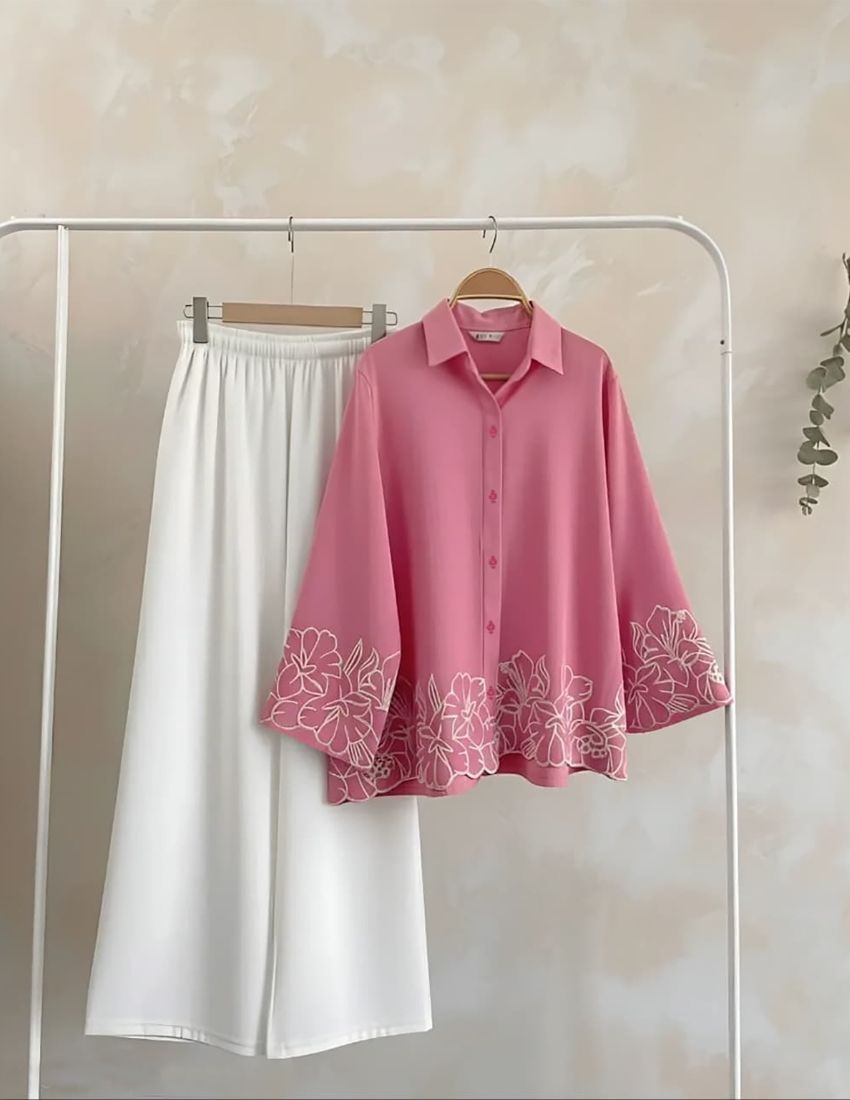 Elegant Embroidery Co-Ord Set - Rose Pink