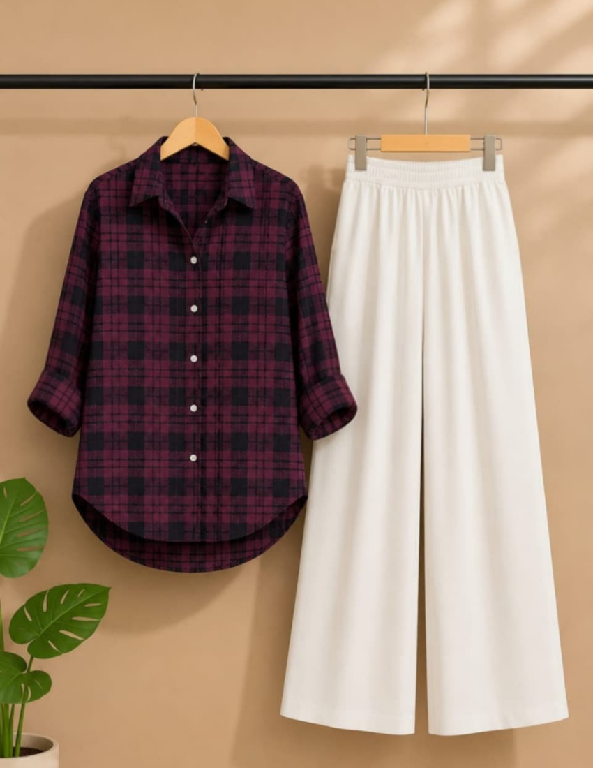 Wine Check Printed Rayon Co-Ord Set