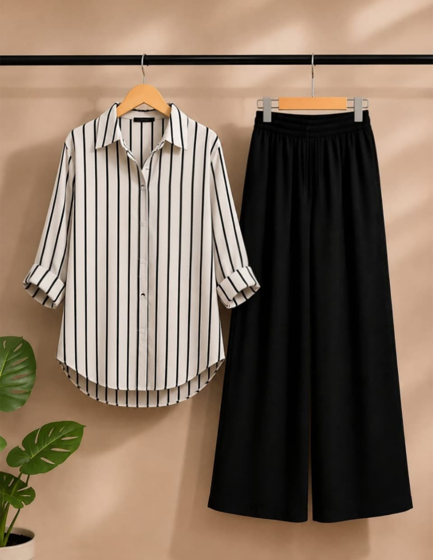 Beige Stripe Shirt & Black Palazzo