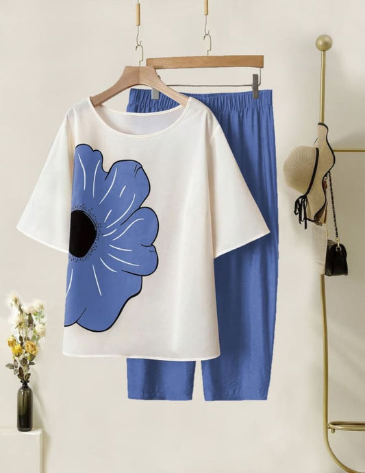 Sky Blue Flower Top with Bottom Set
