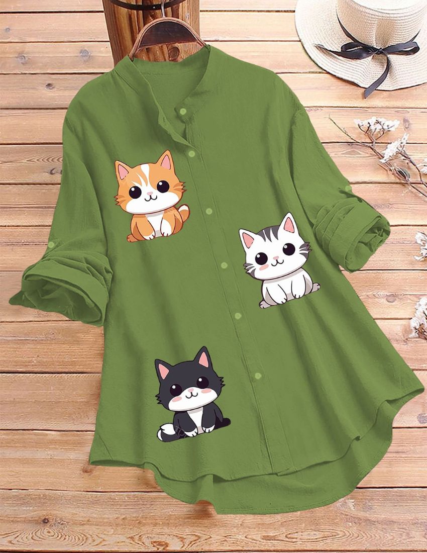 Cute Kitty Printed Top - Green
