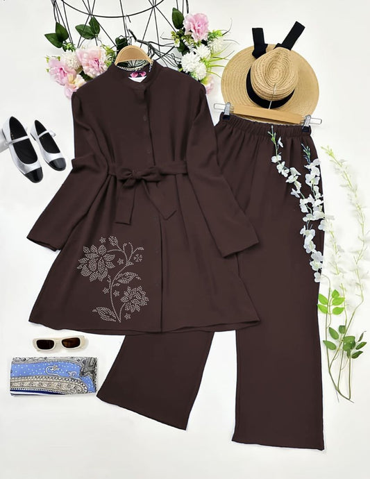 Elegant Diamond Work Brown Color Top with Palazzo Set