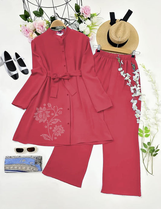 Elegant Diamond Work Pink Color Top with Palazzo Set