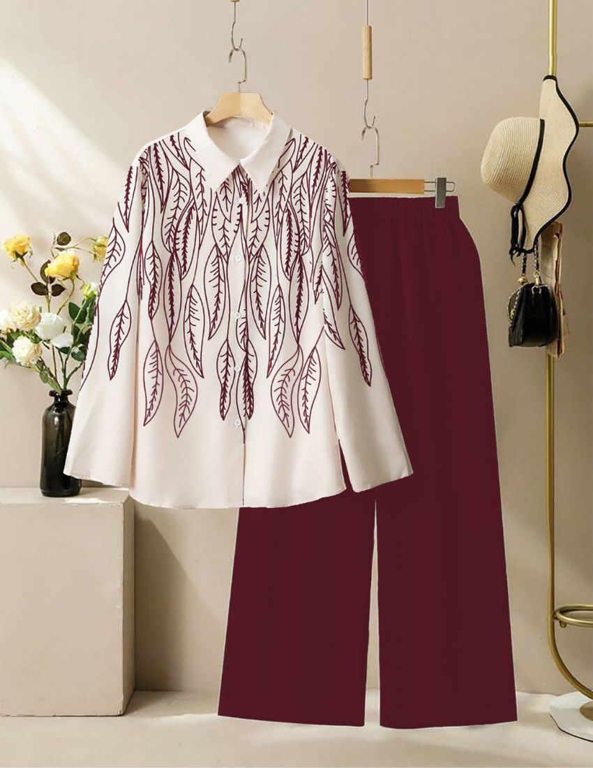 Leaf Pattern Co-Ord Set - Maroon