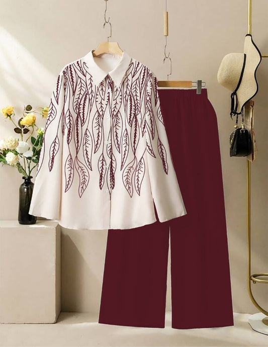 Leaf Pattern Co-Ord Set - Maroon