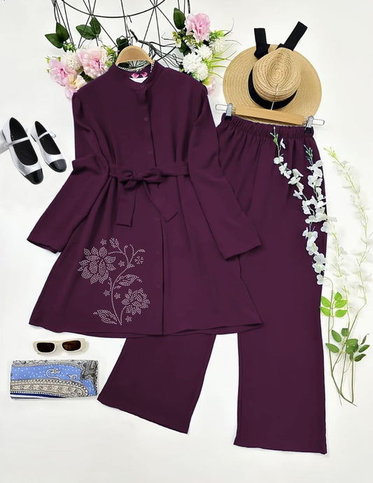 Elegant Diamond Work Plum Color Top with Palazzo Set