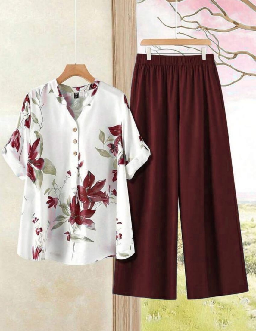 Maroon Flower Printed Top with Palazzo Set