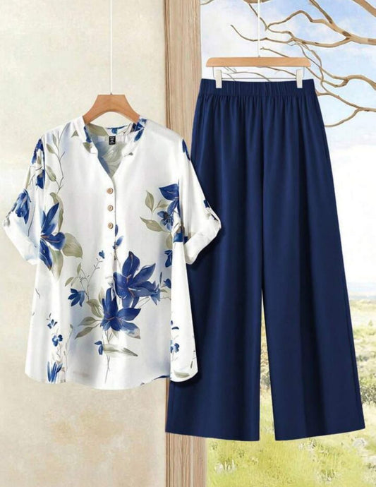 Blue Flower Printed Top with Palazzo Set