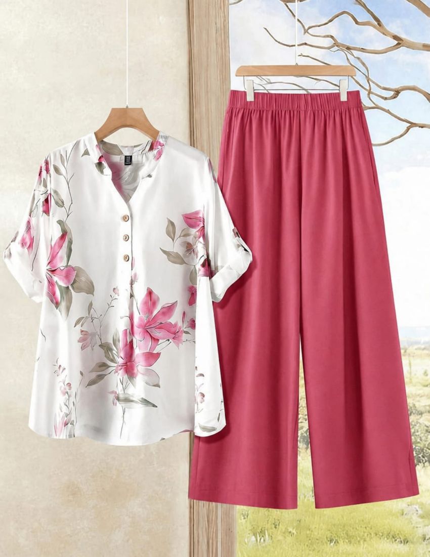 Peach Flower Printed Top with Palazzo Set