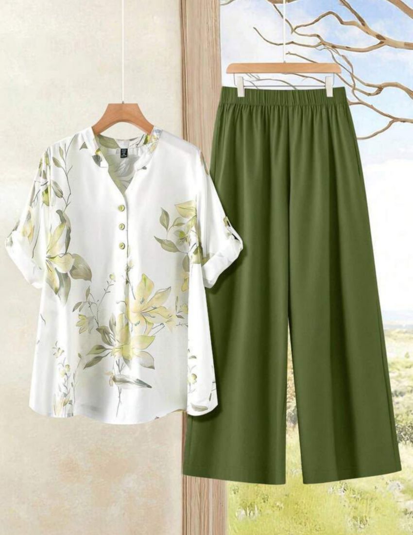 Sage Green Flower Top with Olive Palazzo Set