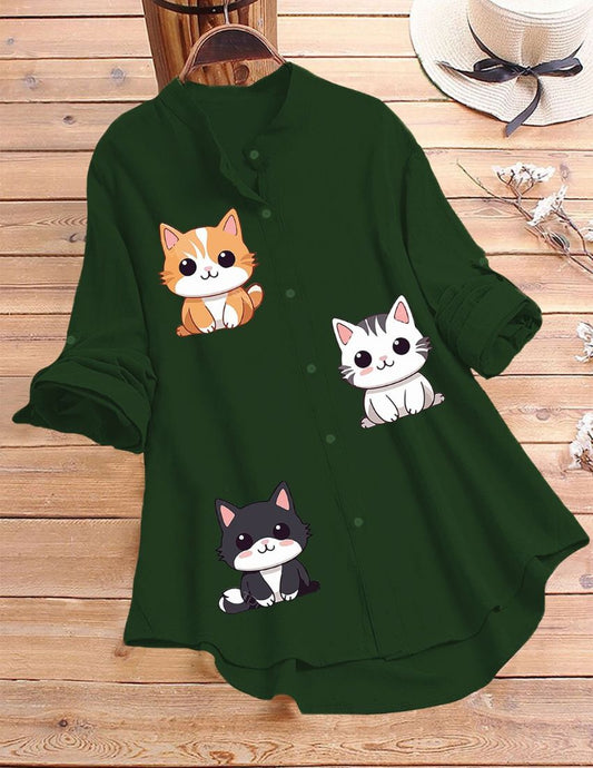 Cute Kitty Printed Top - Dark Green