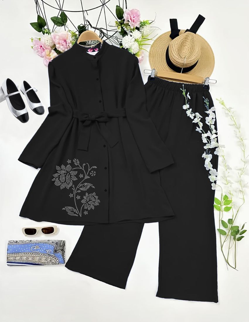 Elegant Diamond Work Black Color Top with Palazzo Set