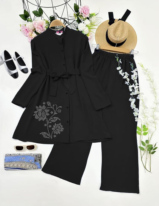 Elegant Diamond Work Black Color Top with Palazzo Set