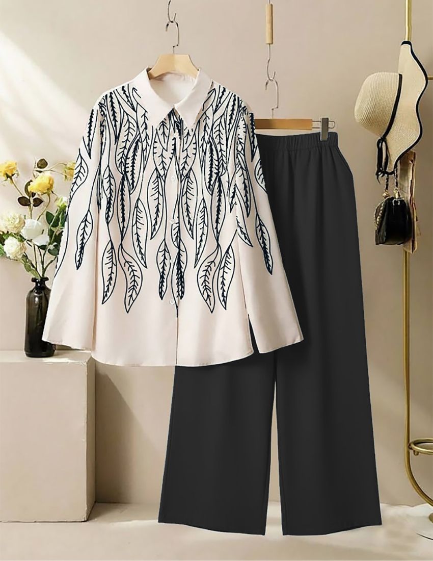 Ord Pattern Leaf Pattern Co-Ord Set - Black โ Indrani Art Clothing