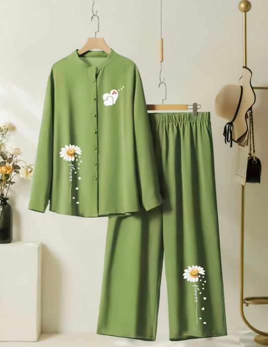 Heart & Flower Printed Co-Ord Set - Olive