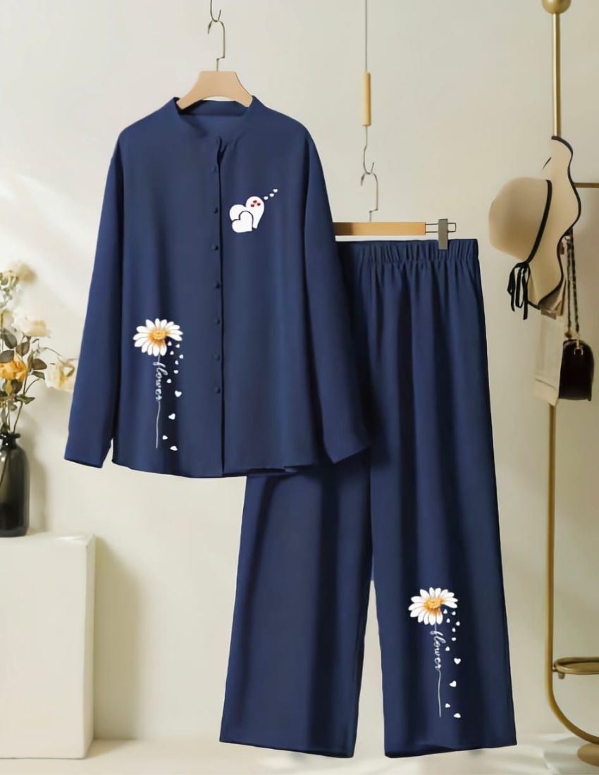 Heart & Flower Printed Co-Ord Set - Navy