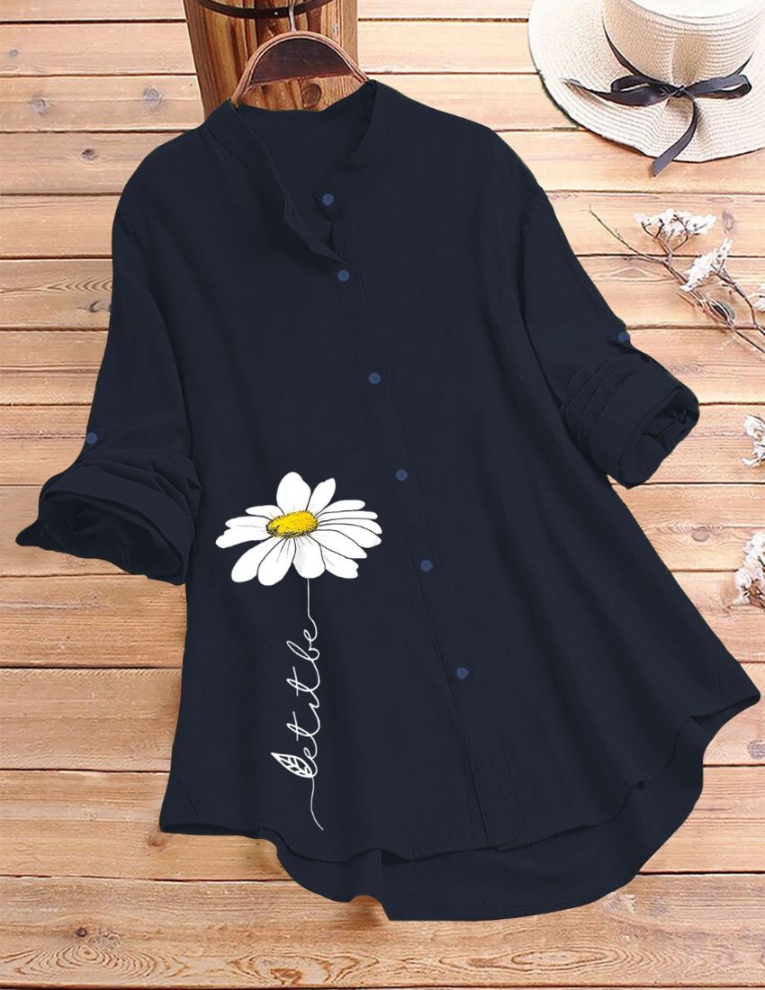 White Daisy Flower Printed Top - Blue