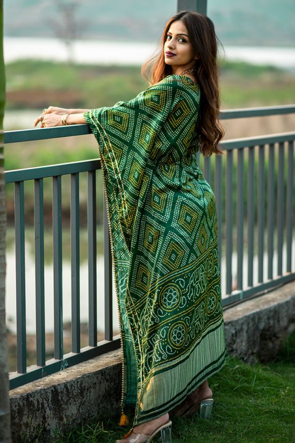 Green Satin Printed Kaftan