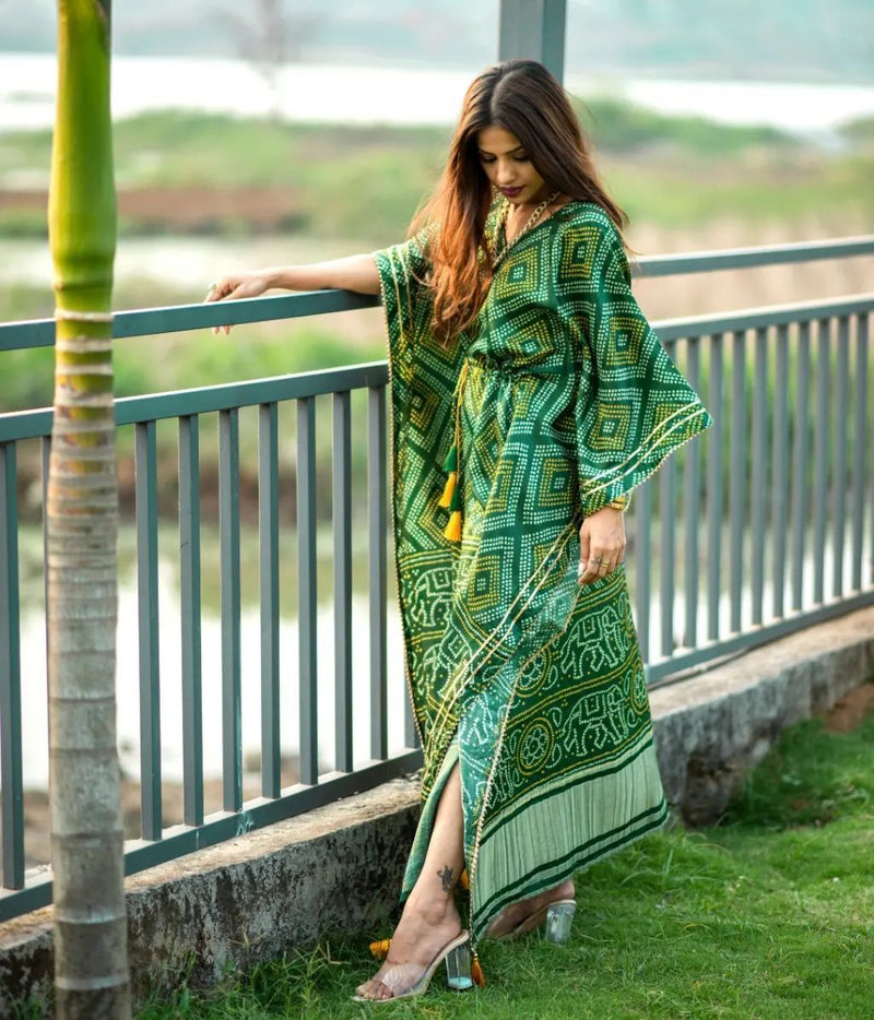 Green Satin Printed Kaftan