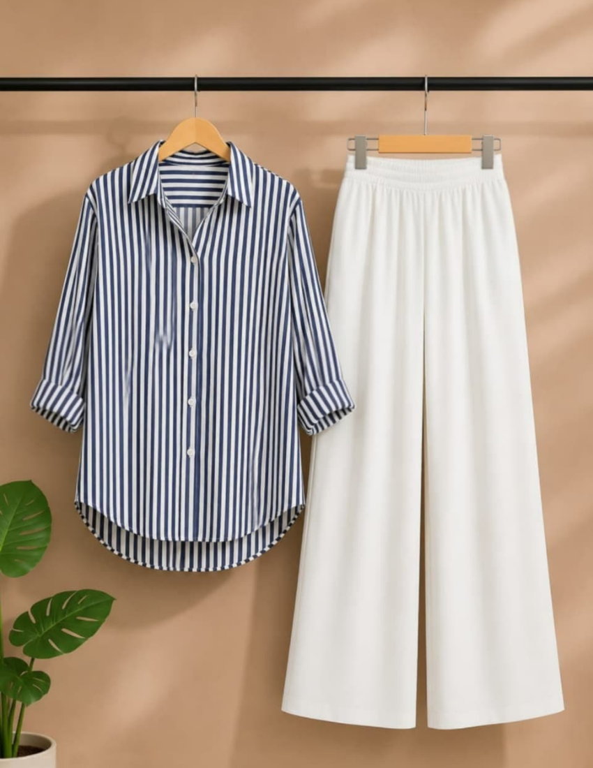 Navy Blue White Stripe Shirt & Palazzo