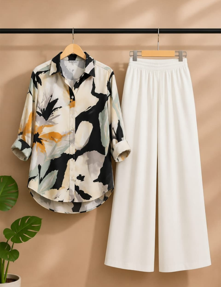 Ivory Black Abstract Brushstroke Print Co-Ord Set