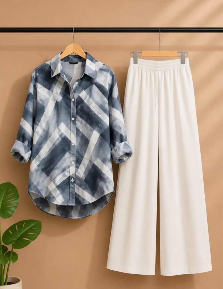 Blue & Grey Check Shirt with Palazzo
