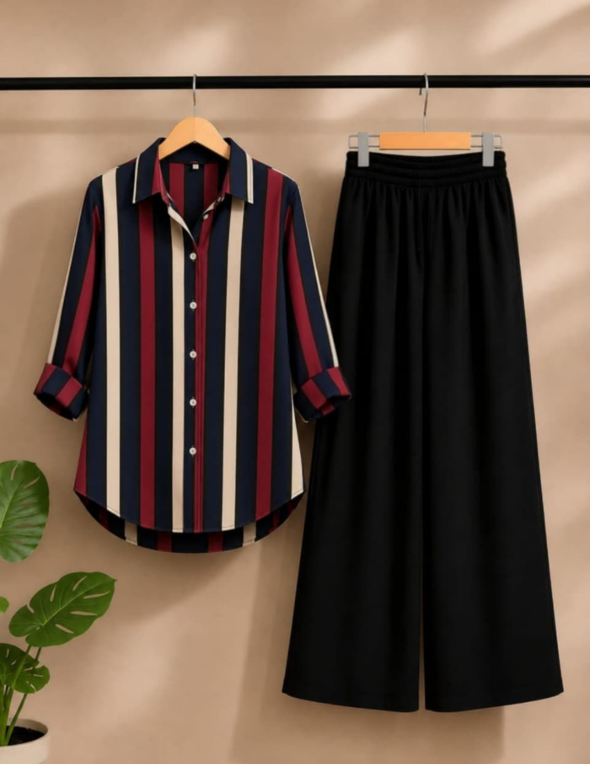 Burgundy Navy Stripe Shirt & Palazzo