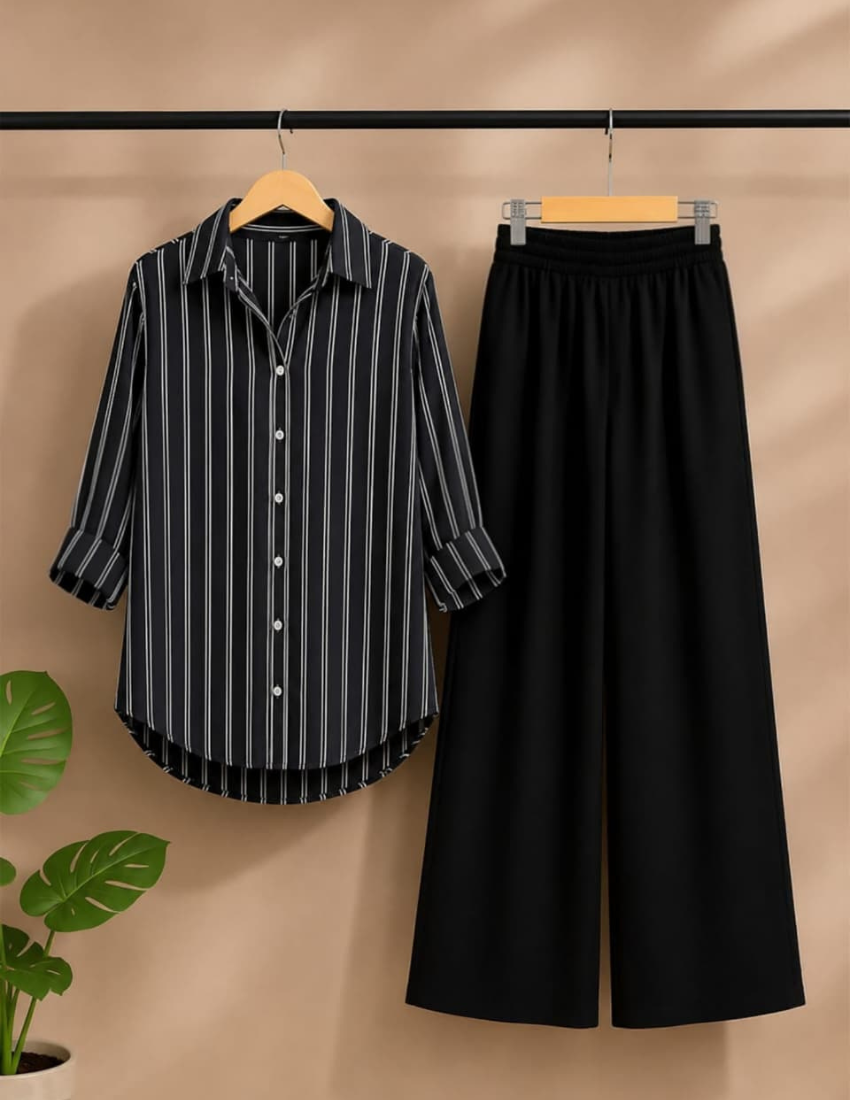 Elegant Monochrome Striped Shirt & Black Palazzo Set