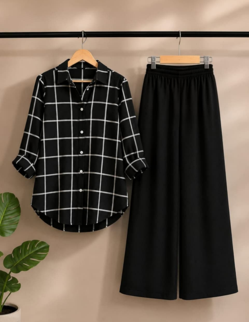 Black Windowpane Check Shirt with Palazzo
